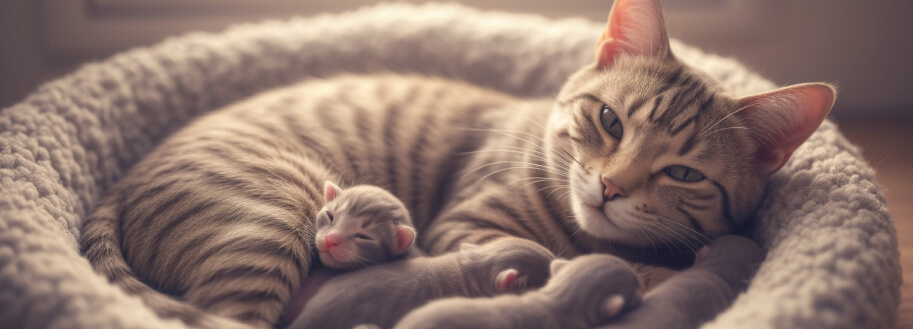 Кошка-мама лежит в уютном гнезде с новорожденными